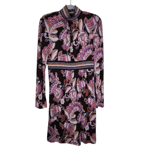 TRINA TURK‎ Dress Womens 0 Pink Black Paisley Silk Mock Neck Retro 70s Hippie - Picture 1 of 10